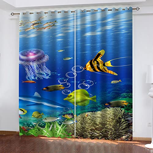 Vorhang Blickdicht Mit Ösen, 2-Set Deko Vorhänge, Verdunklungsvorhang, 3D Unterwasserwelt Kleine Fische Fenstervorhang Für Wohnzimmer Schlafzimmer 264x214Cm Gardinen Verdunkelung Für Schlafzimmer von HOUKAI