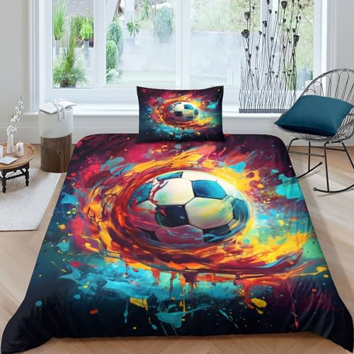 HOUKIG Artistic Soccer Bettwäsche 3D Bettbezug Set Mit Reißverschluss Und Kissenbezug, Mikrofaser Bettbezüge 3 Teilig Für Erwachsene Kinder Single（135x200cm） von HOUKIG