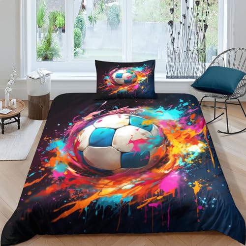HOUKIG Artistic Soccer Bettwäsche Bettdecken Set Weiche Angenehme Mikrofaser Kinder Erwachsene, 3D Druck Bettbezug Bettwäsche Set Single（135x200cm） von HOUKIG