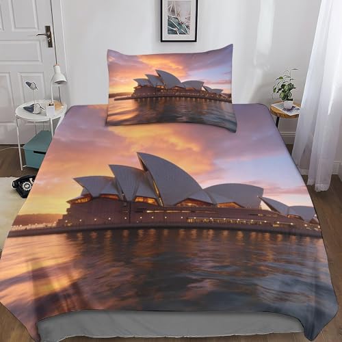 HOUKIG Australien Sydney Opera House Bettwäsche-Set 2 Teilig Mit 3D-Motiv Und Kissenbezügen Aus Weicher Mikrofaser, Superweich Und Pflegeleicht Single（135x200cm） von HOUKIG