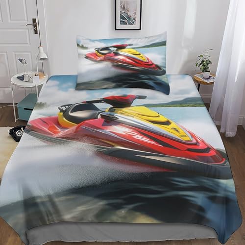 HOUKIG Jet Ski Bettwäsche-Set 2 Teilig Mit 3D-Print-Design Und Kissenbezügen Aus Weicher Mikrofaser, Hautfreundlich Und Strapazierfähig Single（135x200cm） von HOUKIG