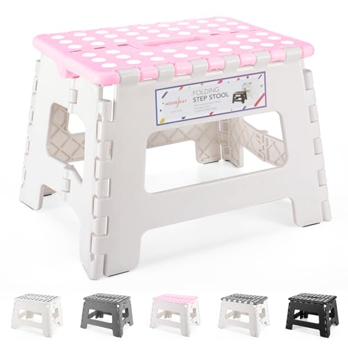 HOUSE DAY 22cm Tritthocker Klappbar - Faltbarer Hocker Kinder Klappstuhl Hocker Klappbar Kinder Hocker Klappbar, Klapphocker Faltbar Falthocker Faltbarer Hocker Tritthocker Fußhocker(Rosa & Weiß) von HOUSE DAY