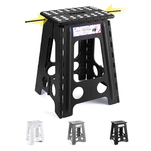 HOUSE DAY 43cm Tritthocker Klappbar - Schwarz Faltbarer Hocker Tritthocker Tragbarer Klapphocker Faltbar Tritt Klappbar Falthocker Badhocker Klappstuhl Fußhocker bis 136kg für Erwachsenen von HOUSE DAY
