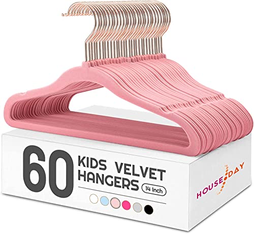 HOUSE DAY 60 Stück Kinder kleiderbügel Samt（35.5cm breit）— Rosa Kinderkleiderbügel Samt Kleiderbügel Samt Kinder Kleiderbügel rutschfest Kleiderbügel Platzsparend mit drehbarer Haken für 3-15 Jahre von HOUSE DAY