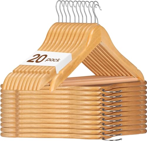 HOUSE DAY Kleiderbügel Holz Natur 20 Stück Stabil Kleiderbügel Drehbar Jackenbügel Anzugbügel Breit 44,5cm aus Naturholz von HOUSE DAY