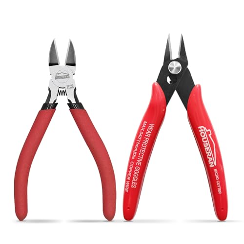 HOUSERAN 2-teiliges Drahtschneider-Set, 13 cm Mikro-Flachschneider & Seitenschneider, Federkraft-Drahtzangen für Schmuckherstellung, Basteln, Kabelbinder, Elektronik, Rot von HOUSERAN
