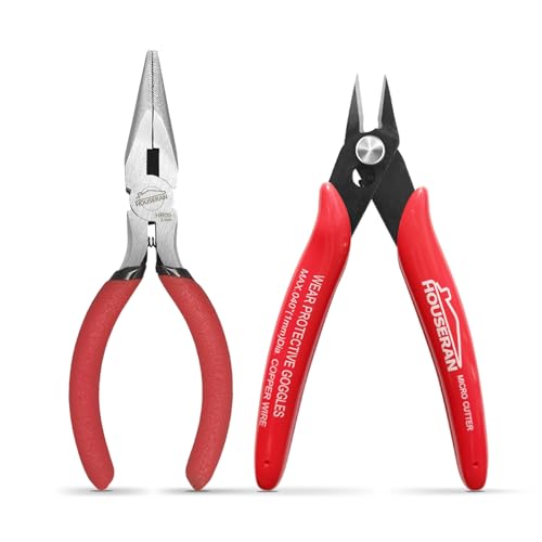HOUSERAN 2-teiliges Mini-Zangen-Set, 13 cm Mikro-Seitenschneider & Spitzzange, Federkraft-Zangen zum Schneiden von Draht für Basteln, Elektronik, Modellbau, Kabelbinder, Rot von HOUSERAN