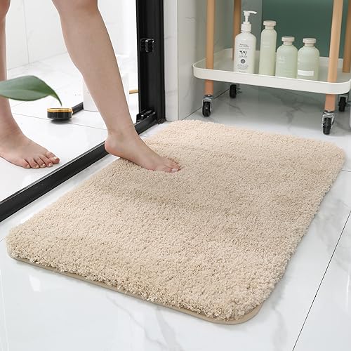 HOUSERAN Badezimmerteppich 50x80cm, Badematte rutschfest, Weiche Mikrofaser Badvorleger Waschbar mit Wasserabsorbierenden, Badematte Hochflor für Badezimmer, Dusche und Badewanne, Beige von HOUSERAN