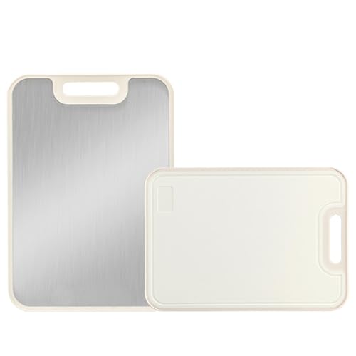 HOUSLUX Schneidebrett 304 Edelstahl & Weizenstroh-PP Doppelseitiges Schneidebrett Saftabflussrinne, rutschfeste Füße, Größe 40x28 CM (Silberglanz) von HOUSLUX
