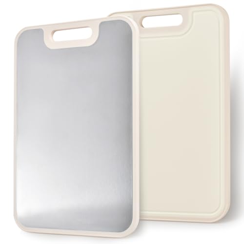HOUSLUX Schneidebrett 304 Edelstahl & Weizenstroh-PP Doppelseitiges Schneidebrett Saftabflussrinne, rutschfeste Füße, Größe 40x28 CM (Silbernen) von HOUSLUX