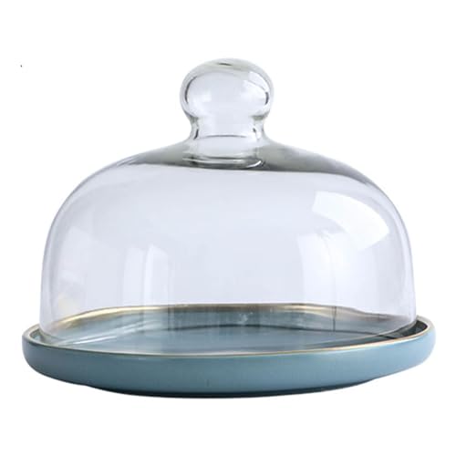 HOUSN Kuchenhaube Keramik Kuchenplatte Glas, Kuchenglocke Ständer Tortenständer Glashaube Lebensmittel Abdeckung Für Hochzeit Geburtstag Party,Blau,25cm von HOUSN