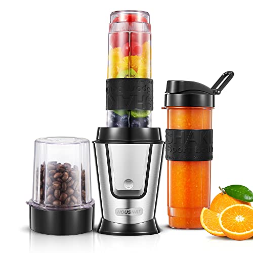 HOUSNAT Smoothie Maker To Go, 500W Standmixer Mixer Kaffeemühle 280ml, Blender Elektrisch mit 2 Tritan-Kunststoff Sport Flasche 570ml,Tragbar, BPA-frei, Spülmaschinenfest, Edelstahl von HOUSNAT