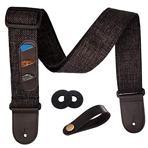 HOUSON Einstellbare Gitarrengurt (Länge 98cm-153cm), Vintage Gitarrengurt Guitar Strap Baumwolle und Echtes Leder Integrierte Pick-Tasche Ideal für elektrische akustische Bass Ukulele und E-Gitarre von HOUSON