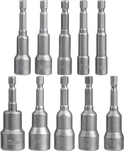 HOUSTA 10 Stück Magnet Sechskant Stecknuss, 6-15mm Steckschlüsselsatz Stecknuss Set, Anschrauben Schraubenschlüssel Power Nut für Bohrer, Akkuschrauber (Chrom Vanadium Stahl) von HOUSTA