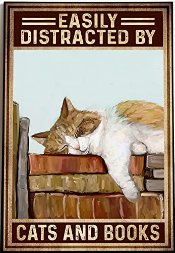 HOUVSSEN Poster mit Katze und Buch, Vintage-Kunstdruck, Poster für Katzenliebhaber, Geschenkkunst für Buchliebhaber, Metalldekoration, Café, Blechschild, Wandkunst, 15,2 x 20,3 cm von HOUVSSEN