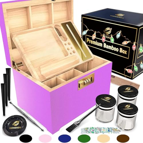 HOVANZO Premium Große Aufbewahrungsbox aus Bambus - Deko-Set mit Zahlenschloss - Holzbehälter - Aufbewahrungsbox für Kräuter Zubehör - Glasdosen von HOVANZO