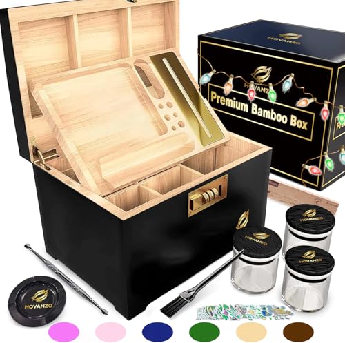 HOVANZO Premium Große Bambus Aufbewahrungsbox mit Zahlenschloss - Deko Box Set - Großer Holzbehälter - Aufbewahrung Holzkiste mit Zubehör - Box Kit mit Glasdosen von HOVANZO