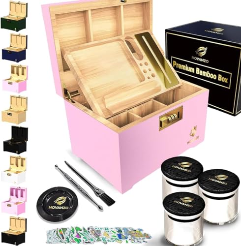 HOVANZO Premium Große Bambusbox - Aufbewahrungsbox Holz Abschließbar Aufbewahrungsbox mit Rolltablett - Aufbewahrung Holzkiste für Kräuter und Zubehör - Aufbewahrungsbox Set mit Zahlenschloss von HOVANZO