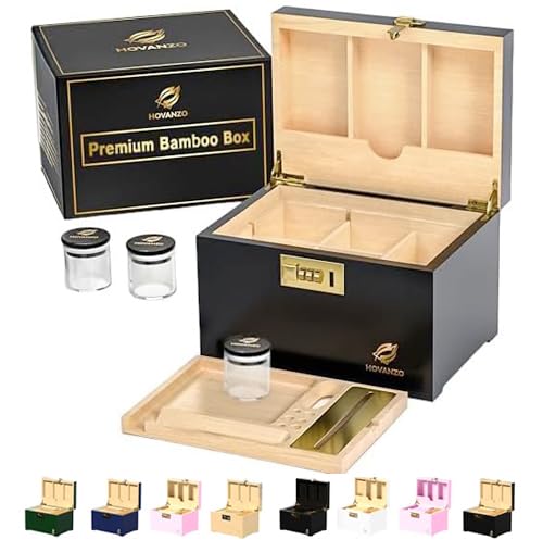 HOVANZO Premium Große Bambus Aufbewahrungsbox mit Zahlenschloss - Deko Box Set - Großer Holzbehälter - Aufbewahrung Holzkiste mit Zubehör - Box Kit mit Glasdosen von HOVANZO