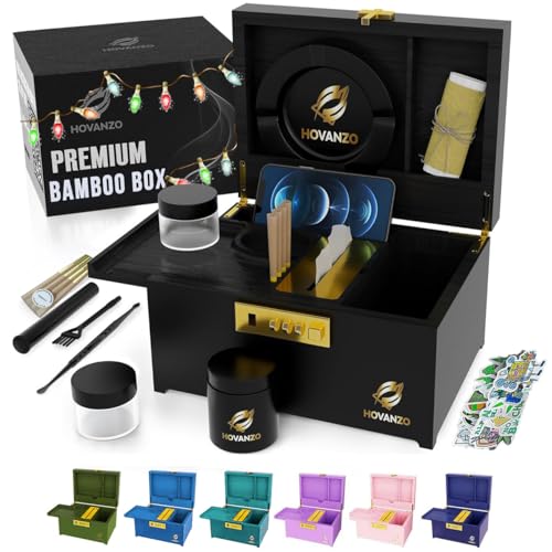 HOVANZO Premium Große Bambusbox - Verriegelung Aufbewahrung Dekorative Box mit Zahlenschloss - Aufbewahrungsbox Holz Verriegelung Aufbewahrungsbox mit Rolltablett - Aufbewahrung Holzkiste mit Zubehör von HOVANZO