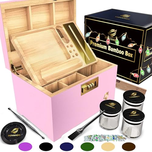 HOVANZO Premium Große Bambuskiste - Aufbewahrungsbox Holz Mit Verriegelung Und Rolltablett - Für Kräuter Und Zubehör - Set Mit Zahlenschloss von HOVANZO