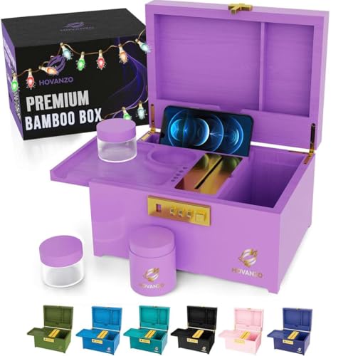 HOVANZO Upgraded Premium Große Bambusbox - Verriegelung Aufbewahrungsbox Dekorative Box mit Zahlenschloss - Holzschloss mit Deckel - Holzverriegelung Aufbewahrung mit abnehmbarem Tablett und Gläsern von HOVANZO