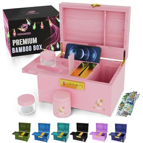 HOVANZO Upgraded Premium Large Bamboo Box - Locking Storage Decorative Box with Combination Lock - Wood Lock Box with Lid - Wooden Locking Storage Box with Removable Tray and Jars (PINK) von HOVANZO