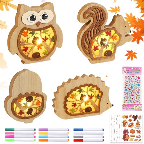 HOVCEH Herbstdeko Tisch, 4 Stück 3D Holz Deko Herbst Innen, Herbstdeko LED Modern mit Aufklebern + Stift, LED-Stimmungsleuchten Herbst für Party Erntedankfest Deko von HOVCEH