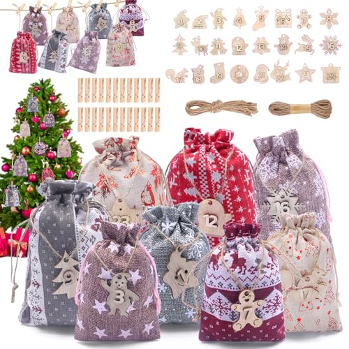 HOVIBU 24 Adventskalender zum Befüllen und Aufhängen, DIY Stoffbeutel Weihnachtskalender Tüten mit Holzklammern, Hanfseil und Holzzahlen, Weihnachtskalender Selberfüllen für Kinder Frauen Männer HOVIBU 24 Adventskalender zum Befüllen und Aufhängen, DIY Stoffbeutel Weihnachtskalender Tüten mit Holzklammern, Hanfseil und Holzzahlen, Weihnachtskalender Selberfüllen für Kinder Frauen Männer von HOVIBU