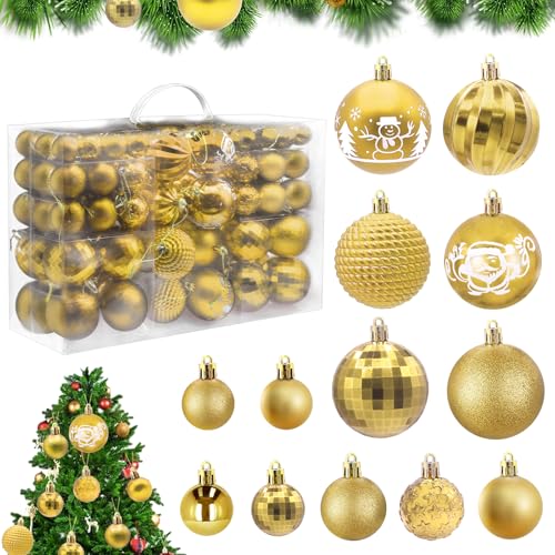 HOVIBU Weihnachtskugeln Set, 100 Weihnachtskugeln Kunststoff Gold, Bruchsicher Christbaumkugeln mit Lanyard, Matt, Glänzend, Glitzernd Weihnachtsschmuck für Drinnen & Draußen, Wiederverwendbar HOVIBU Weihnachtskugeln Set, 100 Weihnachtskugeln Kunststoff Gold, Bruchsicher Christbaumkugeln mit Lanyard, Matt, Glänzend, Glitzernd Weihnachtsschmuck für Drinnen & Draußen, Wiederverwendbar von HOVIBU