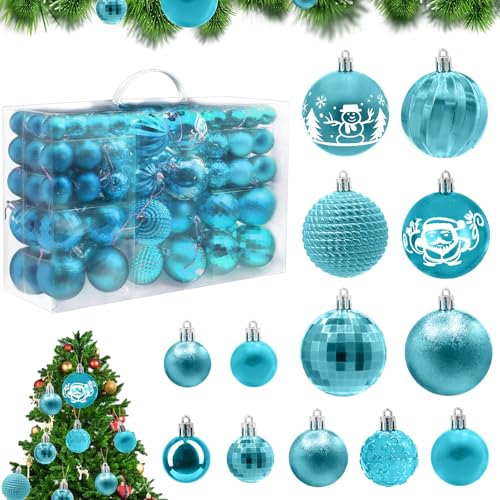 HOVIBU Weihnachtskugeln Set, 100 Weihnachtskugeln Kunststoff Hellblau, Christbaumkugeln mit Lanyard, Weihnachtsschmuck Deko für Drinnen & Draußen, Wiederverwendbar (7 Stile) von HOVIBU