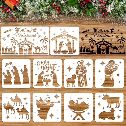HOWAF 10 Stück Schablonen Krippe Weihnachten, Weihnachtskrippe Schablonen Weihnachten Jesus Krippe Nativity Scene Wiederverwendbare Plastikschablonen Schablonen Malen DIY für Fenster Weihnachtsdeko von HOWAF