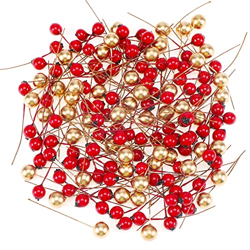 HOWAF 150 Stücke Weihnachten Holly Beeren deko Rot und Gold Mini Künstliche Beeren zum Basteln für Weihnachten Dekorationen adventskranz Weihnachtskranz Deko Kranz Supplies Machen von HOWAF