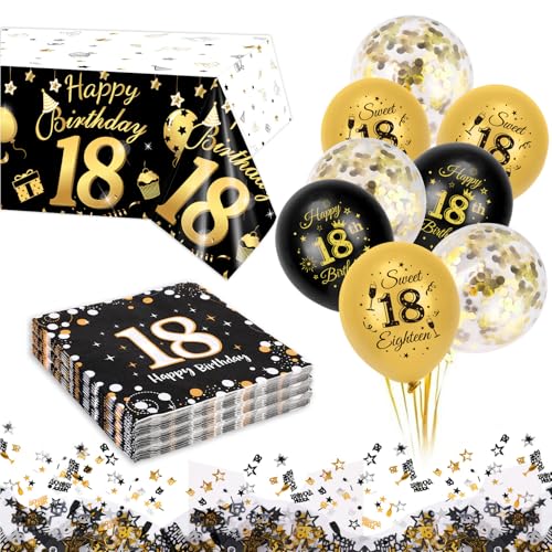 HOWAF 18 Geburtstag Deko, Schwarz Gold Happy Birthday Servietten 18. Geburtstag Luftballons Tischdecke Geburtstag Tischdeko Konfetti Set für Deko 18. Geburtstag Junge Mädchen von HOWAF