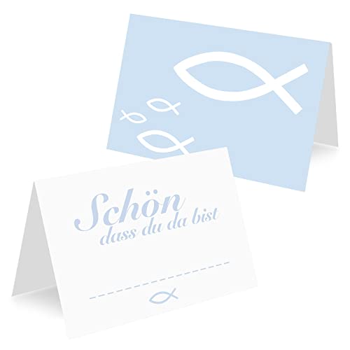 HOWAF 30 Tischkarten Kommunion Tischkarten Platzkarten Kommunion Tischkarten Schön DASS du da bist Tischdeko Kommunion Deko Fische Kommunion Communion Confirmation Christening Confirmation, Blau von HOWAF