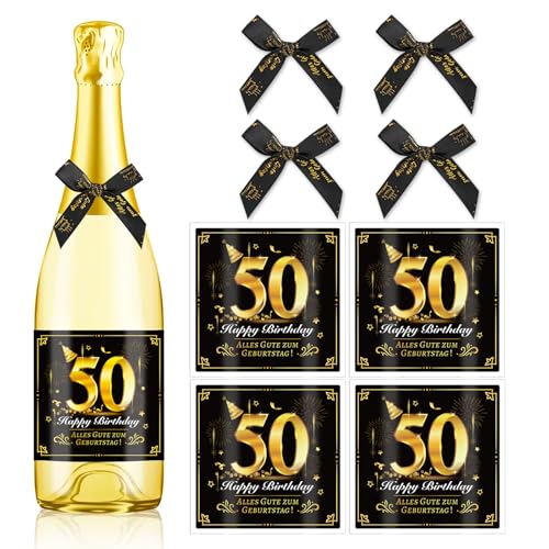 HOWAF 4 Flaschenetikett 50. Geburtstag, Alles Gute zum Geburtstag Flaschenetiketten Selbstklebend Schleife, Flaschenetikett 50 Geburtstag Geschenk Geburtstagsgeschenk für Frauen Männer von HOWAF