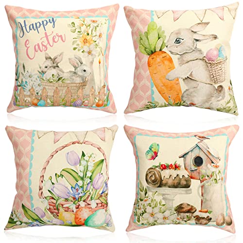 HOWAF 4 Kissenbezug Ostern Kissenhülle Ostern Kissenbezüge Osterdeko Leinen Kissenhülle Osterkissen Beige Kissenbezug Hase Kissen Ostern Osterkissenbezug 45x45cm, Ostern Deko Ostern Hase Sofa Kissen von HOWAF