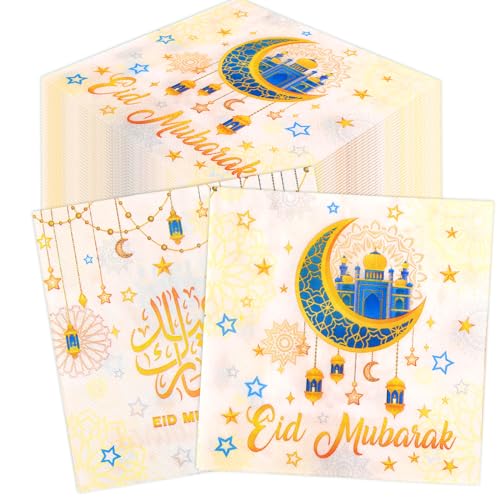 HOWAF 40 Stück Eid Mubarak Servietten - Ramadan Papierservietten Mit Stern Mond Motiv - Tischdeko für Eid Dekoration, 33x33 cm von HOWAF