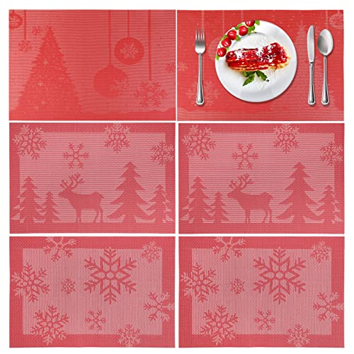 HOWAF 6pcs Rot Weihnachten Tischset für Tischdeko, Abwaschbar wasserdichte Weihnachten Platzset, Abwischbar Platzdeckchen hitzebeständige Tischsets, Frohe Weihnachten Baum Rentier Schneeflocke von HOWAF