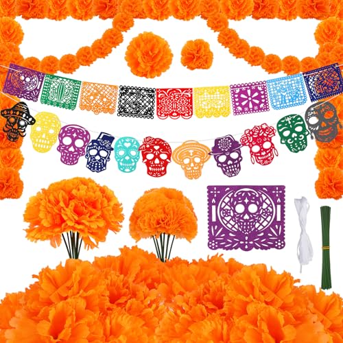 HOWAF Dia de Los Muertos Deko, 40 Künstliche Ringelblume Künstliche Blumen, Tag der Toten Banner, Filz Dia De Los Muertos Girlande Papel Picado für Mexikanische Deko, Halloween, Tag der Toten Deko HOWAF Dia de Los Muertos Deko, 40 Künstliche Ringelblume Künstliche Blumen, Tag der Toten Banner, Filz Dia De Los Muertos Girlande Papel Picado für Mexikanische Deko, Halloween, Tag der Toten Deko von HOWAF