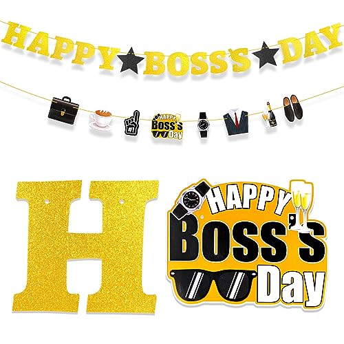 HOWAF Happy Boss Day Glitter Banner, Boss Day Party Dekoration Girlande Banner, Schwarz und Gold Happy Boss Day Hintergrund Banner für Büro Dekor, National Boss Day Party Supplies Banner von HOWAF