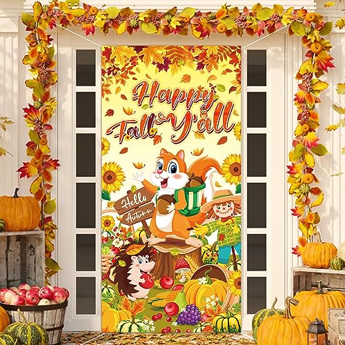 HOWAF Happy Fall Y'all Türabdeckung, Herbst Ernte Party Dekoration Türbanner, Hallo Herbst Party Banner mit Ahornblättern Kürbis Sonnenblumen für Thanksgiving Outdoor Decor, Happy Fall Y'all Welcome von HOWAF