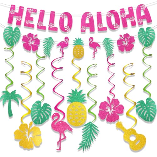 HOWAF Hawaiian Aloha Party Dekoration, Glitter Hello Aloha Banner Palmblatt Hibiskus Blume Flamingo Hängende Wirbel für Tropische Party Dekoration, Glitzer Ananas Girlande Banner für Sommer Party von HOWAF