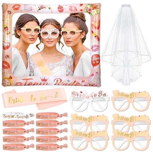 HOWAF JGA Accessoires Frauen, Bride to Be Schärpe und Schleier JGA Armbänder Junggesellenabschied Frauen Aufblasbarer Fotorahmen, 6 JGA Brille 1 Braut Armbänder 10 Team Bride Armbänder für JGA Deko von HOWAF