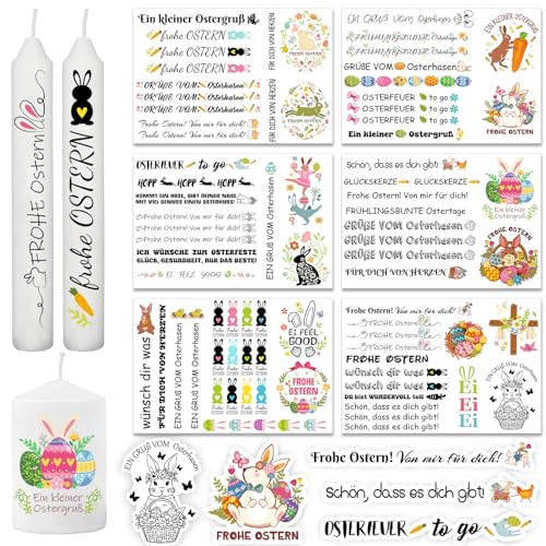 HOWAF Kerzentattoos Ostern Deko, Kerzen Tattoo Ostern Kerzentatoo Ostern, Osterhasen Ostereier Sprüche Lieblingsplatz Wasserschiebefolie Ostern DIY Kerzen Osterdeko, Ostergeschenke Ostern Geschenk von HOWAF