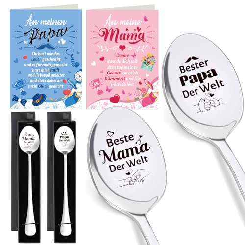 HOWAF Mama und Papa Geschenk, 2 Kaffeelöffel Gravur mit Beste Mama Papa Der Welt, mit Karte Mama Papa Vatertagsgeschenke Muttertagsgeschenk Geburtstagsgeschenk Weihnachten Geschenk für Mama und Papa von HOWAF