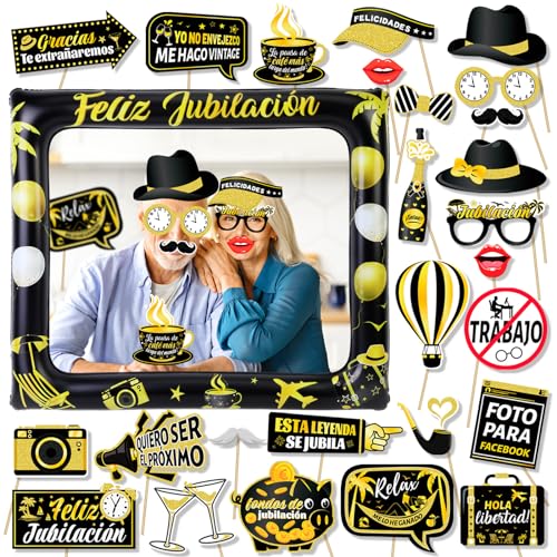 HOWAF Ruhestand Party Photo Booth Requisiten, Schwarz-Gold Ruhestand Party Requisiten und Giant Happy Retirement aufblasbare Ruhestand Party Photo Booth Rahmen, Ruhestand Party Zubeh?r von HOWAF