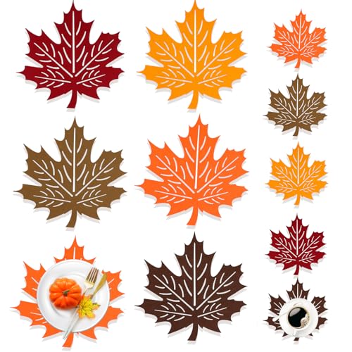 HOWAF Tischset Filz Tischset Herbst 5er Set, rutschfest Hitzebeständig 5 Herbstblätter Deko Tischsets Platzsets Placemat + 5 Tisch Untersetzer-Set Coasters für Herbstdeko Tisch Tischdekorationen von HOWAF