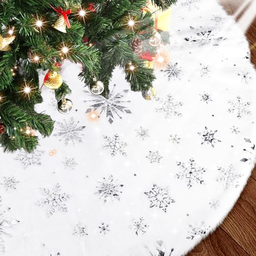 HOWAF Weihnachtsbaum Decke Weiß Plüsch Weihnachtsbaum Rock, 90cm Silber Schneeflocke Baumdecke Weihnachtsbaum Teppich Rund Christbaumdecke Tannenbaum Decke Christbaumrock Decke für Weihnachtsdeko von HOWAF