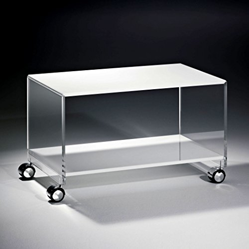 HOWE-Deko Hochwertiger Acryl-Glas Couchtisch mit 4 verchromten Rollen, Tischplatte und Unterboden weiß, Seiten klar, 63 x 38 cm, H 40 cm, Acryl-Glas-Stärke 12 mm von HOWE-Deko